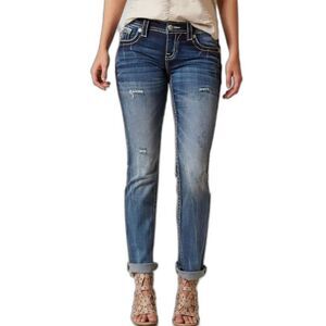 Miss Me Women's Blue Denim Ripped Low Rise Signature Straight Jeans Size 32